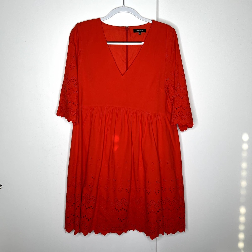 Madewell Eyelet Lattice Mini Dress 3/4 Sleeves Lace 10% Cotton Bright Poppy 10